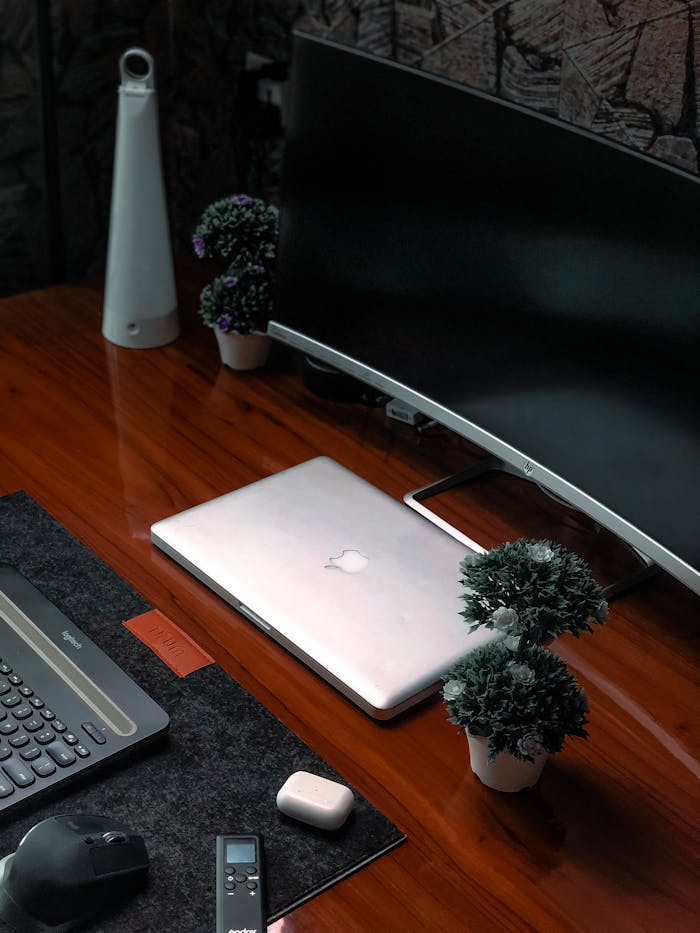 A sleek office setup featuring a laptop, gadgets, and plants on a wooden desk.